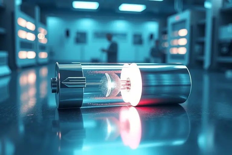 A futuristic laboratory scene showing a glowing superconducting adhesive material bonding two metallic surfaces, with visible quantum flux patterns and low-temperature frost effects, emphasizing its superconducting properties and bonding function, in a clean, high-tech environment with soft blue and silver lighting