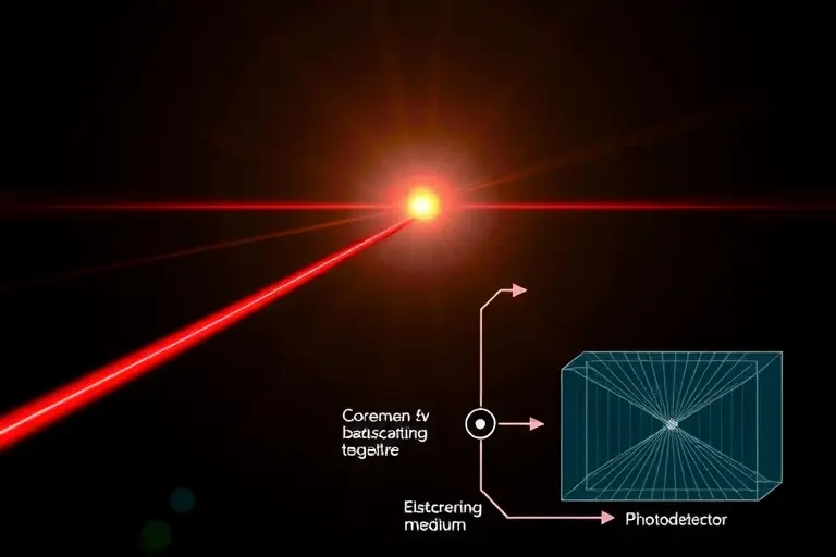 A detailed scientific illustration of a laser beam entering a scattering medium, showing coherent backscattered light forming an echo pattern with overlapping wavefronts and interference fringes, and a schematic detection setup with a photodetector capturing the angular distribution of the backscattered intensity, rendered in realistic high‑resolution style