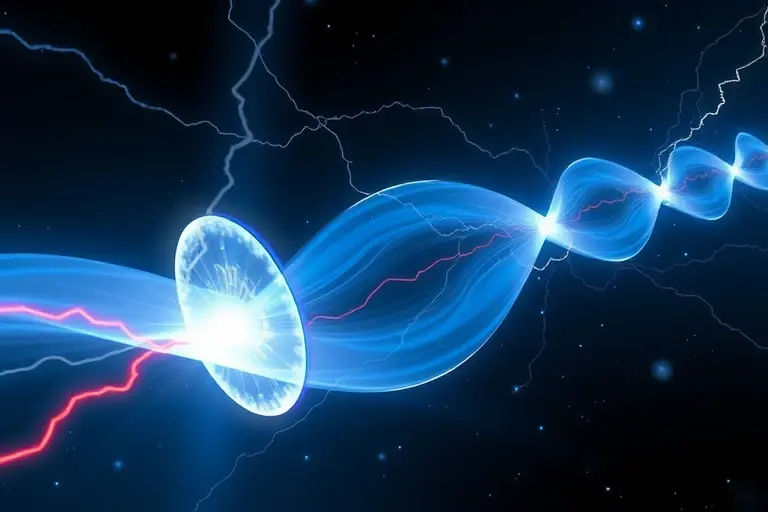 A dynamic visualization of plasma solitons and the formation mechanisms of mini-lightning, showing coherent wave structures in a magnetized plasma, with localized electric field enhancements leading to small-scale electrical discharges resembling miniature lightning bolts, set against a dark cosmic or laboratory plasma background with subtle glowing filaments and energy gradients, emphasizing nonlinear wave-particle interactions and charge separation processes