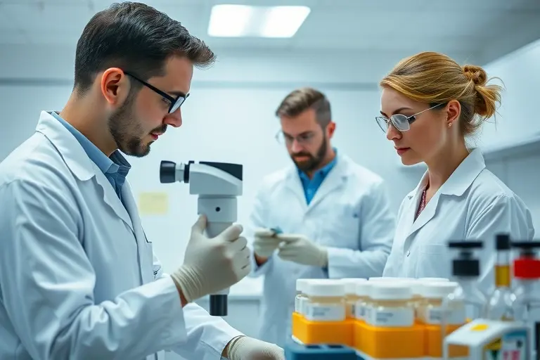 A sterile, brightly lit laboratory with scientists examining vials and equipment related to radiopharmaceuticals. Focus on advanced imaging technology and a sense of scientific precision.