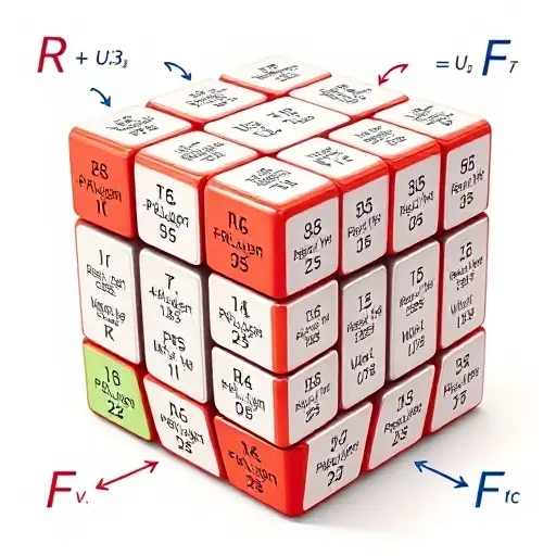 A detailed illustration of a Rubik's Cube with labeled faces showing permutations of corner and edge pieces, arrows indicating rotational symmetries, and mathematical notation for group elements (like R, U, F, etc.) subtly integrated into the background, all rendered in a clean, high-quality smallHQ style with soft lighting and precise geometry