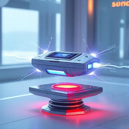 A futuristic gadget that appears to break the laws of physics, such as a levitating device with glowing energy fields, surrounded by subtle sci‑fi elements, rendered in a sleek, high‑tech aesthetic
