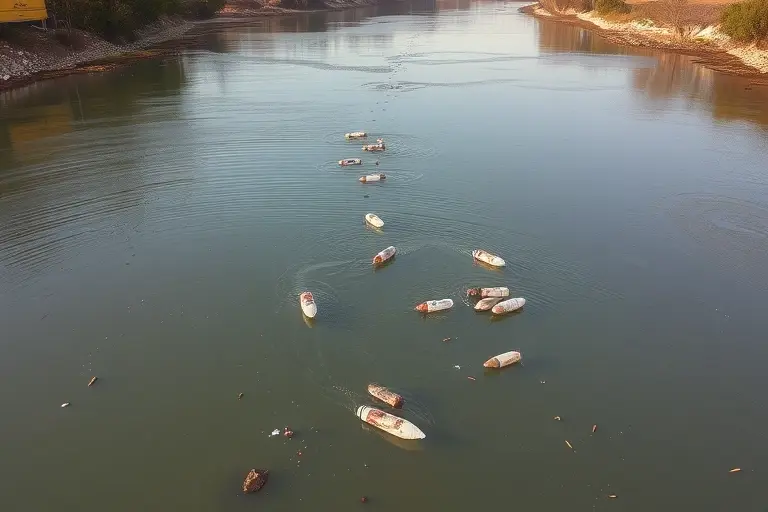 A serene river flowing downstream, with visible pollution such as floating plastic bottles, oil slicks, and debris carried by the current, surrounded by natural landscape with trees and rocks, no humans or signs, realistic lighting, calm atmosphere