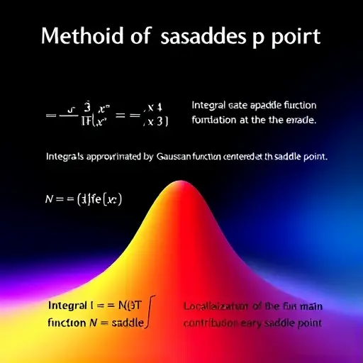 A visual representation of the method of saddle point in asymptotic analysis of integrals. Depict a function with a saddle point, an integral being approximated by a Gaussian function centered at the saddle point, and a clear indication of the localization of the main contribution near the saddle point. Use color gradients to show the function's behavior and the Gaussian's influence.