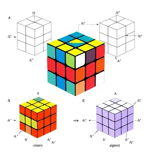 A visual representation of the symmetry group of a Rubik's Cube decomposed into normal subgroups with abelian quotient factors, showing layered group structure with geometric symmetry elements (rotations, reflections) mapped to algebraic components, using abstract algebraic diagrams intertwined with 3D cube illustrations, minimalist and precise, no text or labels
