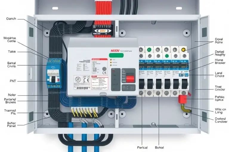 A detailed illustration of a modern electrical circuit breaker panel with labeled components, showing the internal mechanisms of a circuit breaker, clean technical diagram style, high quality, 768x512 resolution