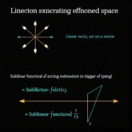 Abstract representation of linear functional extension in a normed space. Depict a vector space with arrows representing vectors. Show a linear functional acting on a vector, and its extension to a larger space. Include a sublinear functional interacting with the linear functional during the extension process. Use geometric shapes and lines to illustrate the concepts.