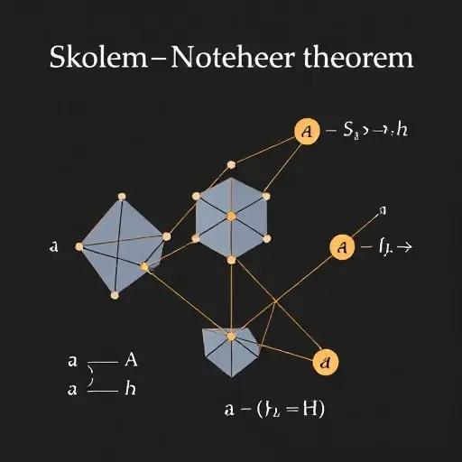 A visual representation of the Skolem-Noether theorem, depicting abstract mathematical structures such as algebras and automorphisms. Use geometric shapes and connections to illustrate the relationships and mappings between these structures. The image should convey the internal nature of automorphisms within the context of the theorem.