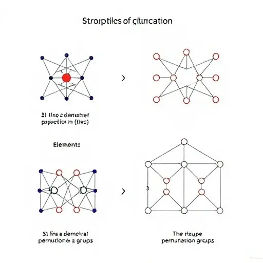 A visual representation of group theory concepts, specifically focusing on the structure of symmetric permutation groups. The image should depict abstract geometric shapes and patterns that symbolize group elements, their interactions, and the hierarchical relationships within the groups. Use a minimalist and precise style to convey the mathematical rigor and symmetry inherent in these concepts.