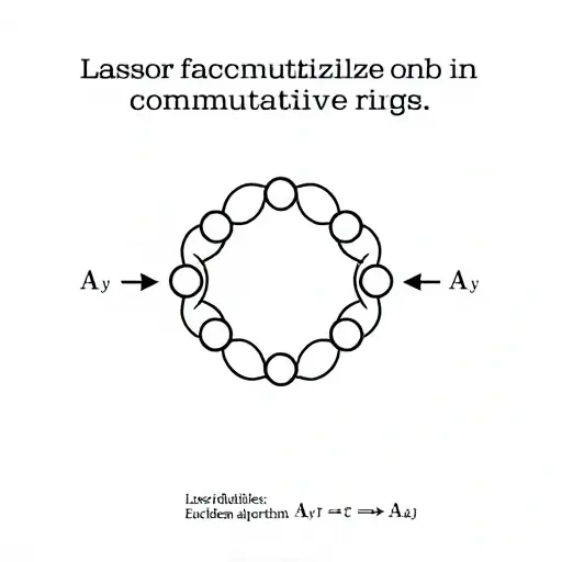 An abstract illustration of unique factorization in commutative rings, featuring a stylized ring structure with interconnected elements, arrows indicating factorization into irreducibles, and a Euclidean algorithm motif, all in a clean, minimalistic style.