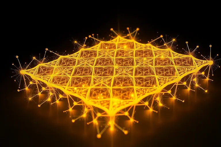 A high‑resolution scientific illustration of a single‑layer two‑dimensional material called zoloten, showing its atomic lattice with golden‑colored hexagonal pattern, a shimmering surface, and visual cues of unique properties such as high conductivity and catalytic activity, with abstract glowing energy fields surrounding the sheet against a dark neutral background