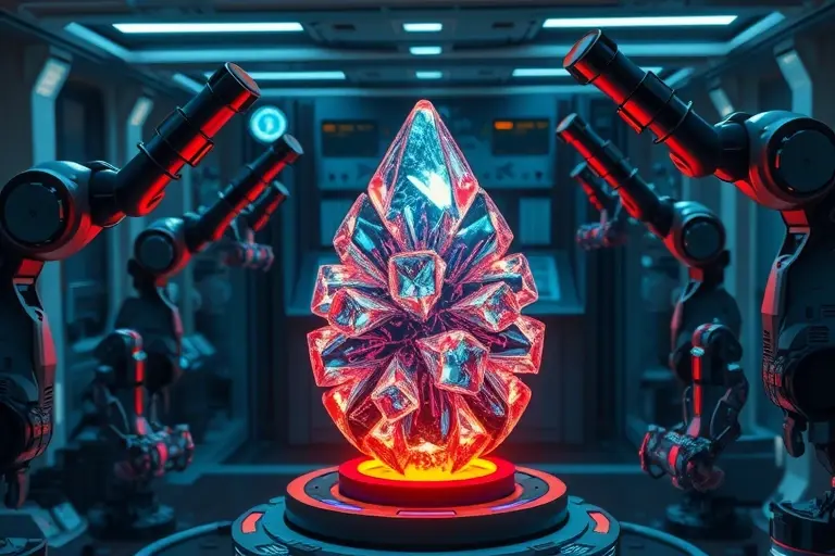 A futuristic robotics laboratory showcasing active crystals made of rotating particles. The crystals should be depicted as glowing, dynamic structures with intricate patterns, surrounded by robotic arms and advanced machinery. The scene should convey a sense of cutting-edge technology and scientific innovation.