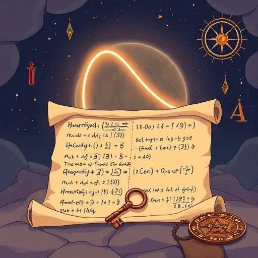 A stylized illustration representing the theoretical foundations of Fermat's Last Theorem, featuring an ancient parchment with handwritten equations, a glowing elliptic curve in the background, and symbolic elements like a mysterious key and a celestial map, all rendered in the smallHQ aesthetic