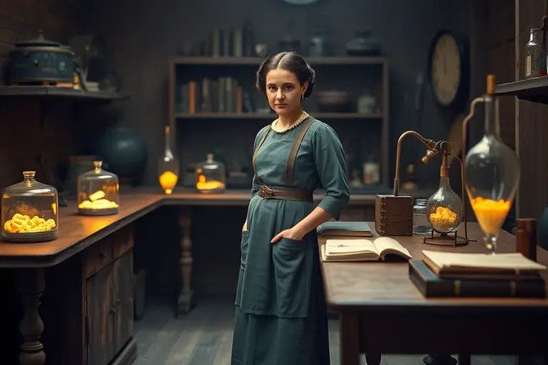 Marie Skłodowska-Curie in a quiet laboratory setting, wearing a long dress and apron, standing near a wooden table with glowing glass vessels containing radioactive materials, soft ambient light, historical 19th-century scientific equipment, books and notebooks on the table, faint glow of radium in the background, serious and focused expression, no modern objects