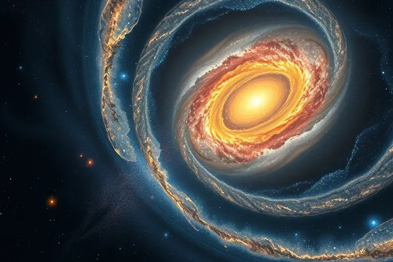 A realistic astronomical scene showing a lone orphan star being gravitationally lensed by a massive galaxy cluster, with distorted arcs of background galaxies, faint distant rogue planets drifting in space, subtle lensing rings, high detail, no text or symbols