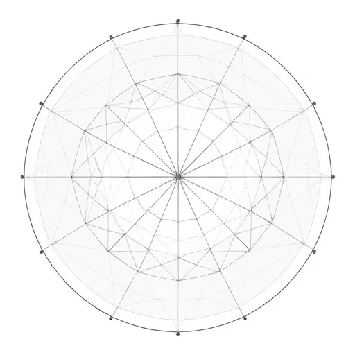 A geometric illustration of the Poincaré disk model in hyperbolic geometry, showing a circular boundary representing infinity, with curved lines representing geodesics (hyperbolic straight lines) intersecting the boundary at right angles, and a network of evenly spaced hyperbolic triangles tiling the disk, all rendered in clean, minimalistic lines with no colors or shading