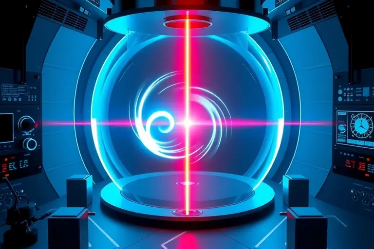 A high‑resolution scientific illustration of a laser cooling system for antimatter, showing a sleek vacuum chamber with a focused laser beam intersecting a swirling positron beam inside a magnetic trap. The positron beam appears as a luminous, blue‑white vortex, while the laser is depicted as a thin, red‑orange line with subtle diffraction patterns. Surrounding the chamber are advanced scientific instruments such as cryogenic cooling coils, diagnostic sensors, and control panels, all rendered wi
