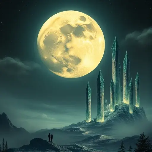 A surreal and abstract depiction of a lunar phenomenon, with a large, glowing moon casting an eerie light over a landscape. The moon should have intricate, geometric patterns resembling operator algebras, symbolizing the theoretical foundations. The scene should include towering, crystalline structures that represent the role of vertex operator algebras in establishing isomorphism. The overall atmosphere should be mysterious and otherworldly, with a focus on the interplay of light and shadow.