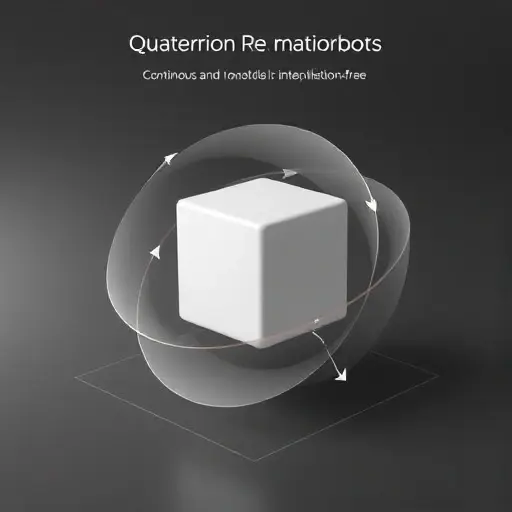 A 3D visualization of spatial rotations using quaternions, showing a rotating object (like a cube or sphere) with smooth transitions between different orientations. The image should depict the mathematical elegance and precision of quaternion-based rotations, highlighting the continuous and interpolation-free nature of the transformations.