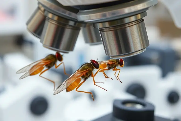 A close-up, detailed image of sterile insects (e.g., fruit flies) being examined under a microscope. The insects should appear healthy and normal. The background should be a clean, laboratory setting with scientific equipment subtly visible. Focus on the insects' anatomy and the microscope's optics.