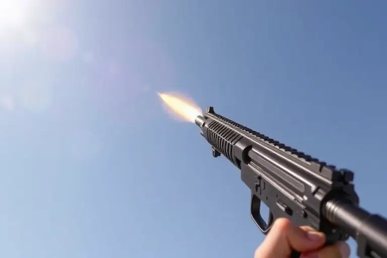 A realistic depiction of a firearm being fired vertically upward into a clear sky, showing the muzzle flash, bullet trajectory, and atmospheric effects, with no text, symbols, or labels visible in the image