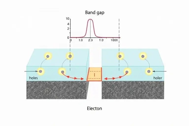 A scientific illustration depicting the formation of an excitonic insulator phase in a semiconductor material, showing two parallel layers: one with electrons in the conduction band and one with holes in the valence band, with Coulomb attraction forming bound exciton pairs across the gap, visualized as glowing electron-hole pairs connected by subtle energy bands, with a band gap diagram in the background showing the opening of a gap due to excitonic condensation, rendered in a clean, high-resolu