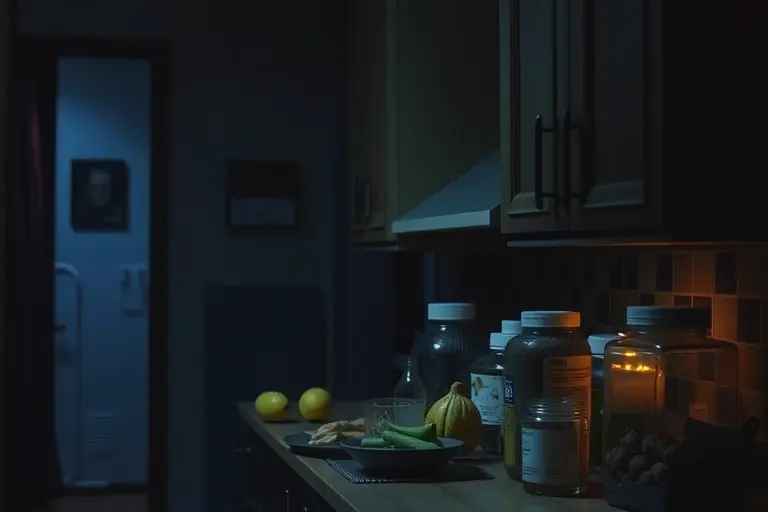 A dimly lit apartment interior. Focus on a kitchen counter with various food items, some appearing subtly glowing or with an unnatural color. There are also containers with unknown contents. The overall atmosphere should be unsettling and suggestive of radioactive contamination.