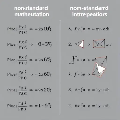 A visual comparison of standard and non-standard interpretations of axioms in the context of ultrapowers and non-standard analysis. Depict two parallel columns: one showing a standard mathematical interpretation with clear, precise symbols and diagrams, and the other showing a non-standard interpretation with more abstract, conceptual representations. Use geometric shapes and mathematical symbols to illustrate the differences, emphasizing the abstract nature of non-standard analysis.