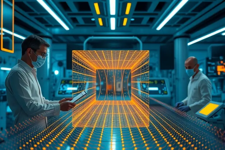 A futuristic laboratory scene showing scientists working with transparent metamaterial structures that bend light around objects, creating a subtle invisibility effect; visible light spectrum waves interacting with nanoscale lattice patterns, glowing faintly blue and gold, set against a sleek high-tech environment with holographic displays and optical sensors, ultra-detailed, scientific visualization style