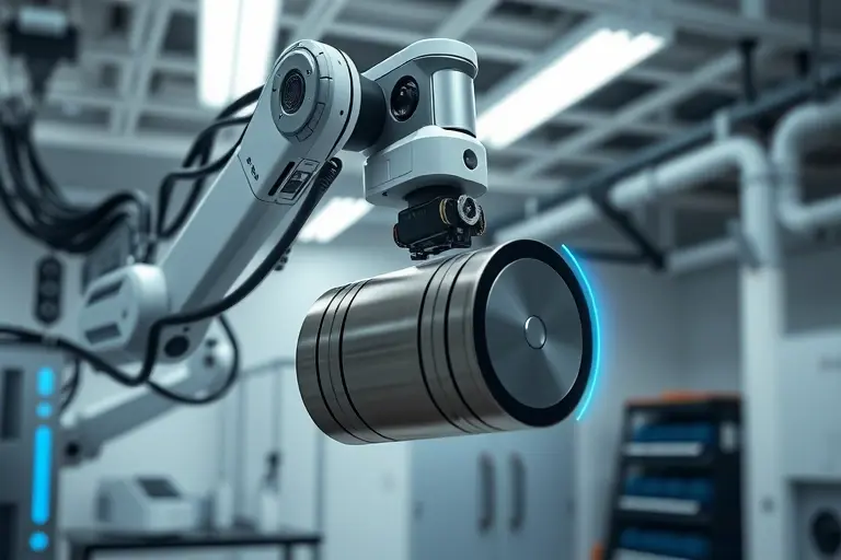 A high-tech robotic arm with an intelligent permanent magnet gripper securely holding a heavy metal object in mid-air, no visible mechanical locks or power cables, sleek industrial design with glowing blue energy lines indicating magnetic field activation, clean laboratory environment with subtle lighting, futuristic and precise engineering aesthetic
