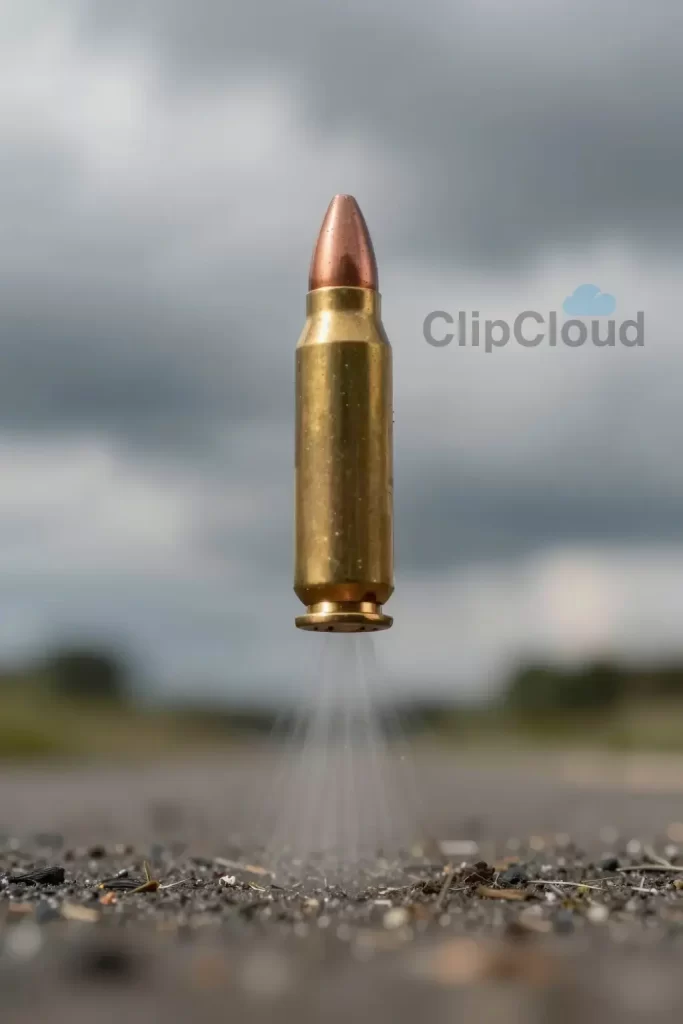 A photorealistic dramatic scene of a metallic bullet falling vertically from a cloudy sky towards the ground, with motion blur indicating high speed and visible air resistance distorting the air around the projectile, set against a backdrop of a distant landscape to emphasize height and velocity
