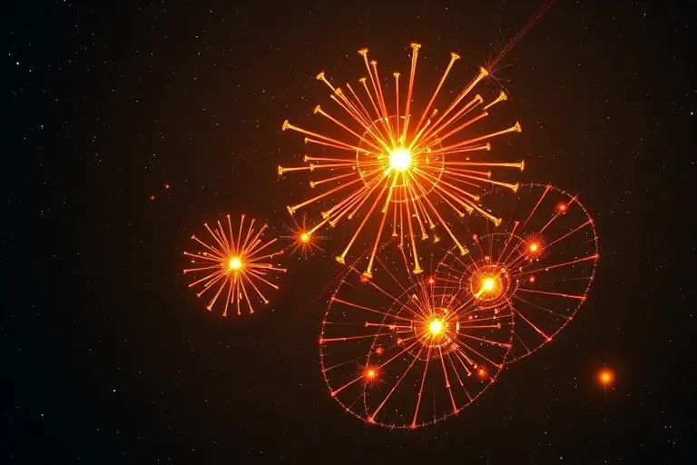 A cosmic scene depicting the early universe with a focus on the formation of D-mesons, represented by glowing, abstract particles. The background should show a vast, dark cosmic expanse with faint, distant galaxies and stars. The D-mesons should be depicted as vibrant, energetic particles interacting with the surrounding cosmic matter, symbolizing their role in the baryon asymmetry problem. The image should convey a sense of scientific exploration and the mysteries of the universe.