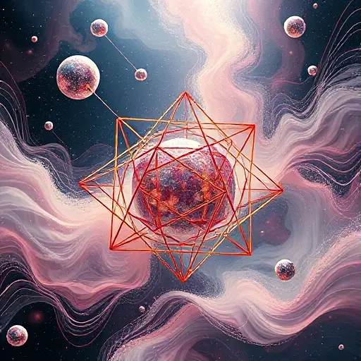 A surreal illustration of non-commutative geometry concepts visualized as intertwined geometric shapes and quantum particles, with flowing abstract patterns representing uncertainty and superposition, rendered in a smallHQ style
