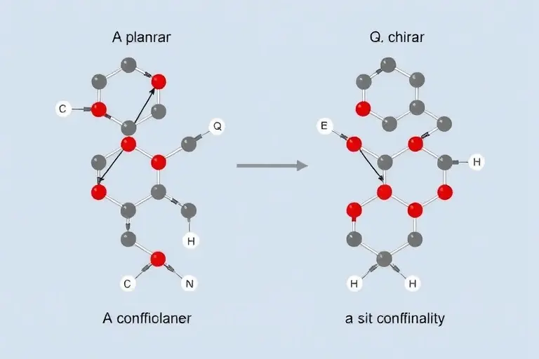 A molecular system in the process of transitioning from a planar to a chiral conformation, showcasing the dynamic nature of molecular geometry. The image should depict the molecular structure with clear visual indicators of the changing angles and bonds that lead to the emergence of chirality. Use a scientific and precise illustration style to highlight the atomic arrangement and the spatial transformation.