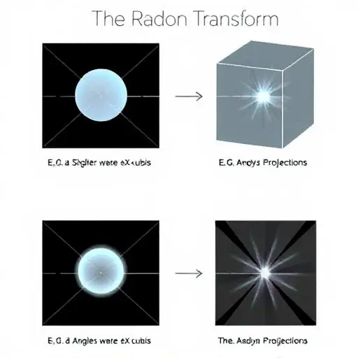 A visual representation of the Radon transform. Depict a 3D object (e.g., a sphere or cube) with X-rays passing through it from various angles. The resulting projections should be shown as 2D images, illustrating how the Radon transform reconstructs the original object from these projections. Include labels indicating the angles of the X-rays and the resulting projections. Focus on clarity and visual appeal to explain the concept.
