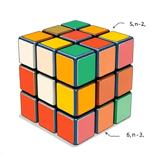 A detailed illustration of a Rubik's Cube with its faces partially disassembled to reveal internal mechanisms, showing colored stickers and cubelets arranged in a 3x3x3 grid, with subtle mathematical annotations like permutation symbols and group theory notation (e.g., S_n, generators) floating near the cube in a clean, minimalist style, emphasizing the finite nature of its symmetry group through combinatorial structure