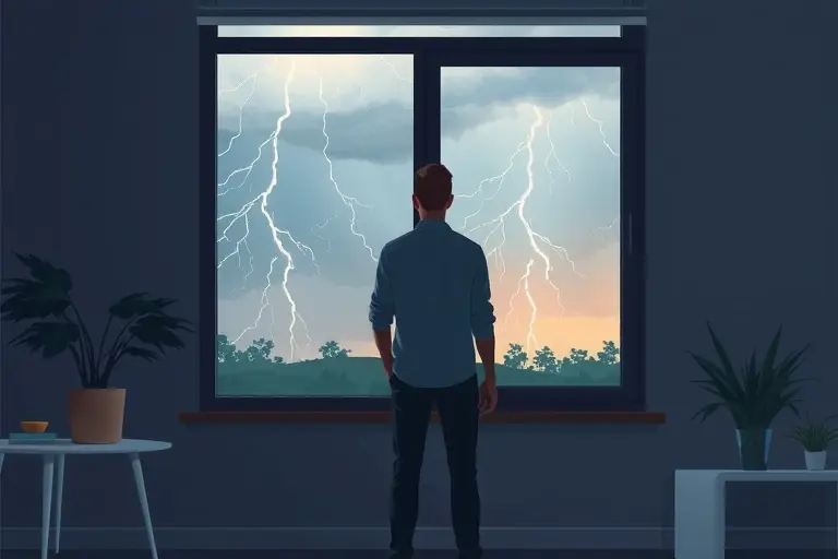 A realistic illustration of a person standing safely indoors near a window during a thunderstorm, with lightning visible in the distance and no direct exposure to electricity or dangerous situations