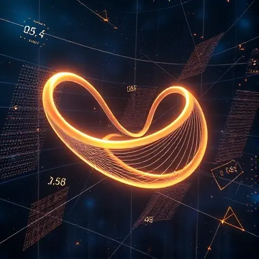 An abstract mathematical visualization representing elliptic curves and L-functions. A glowing, elegant 3D curve weaving through a multidimensional coordinate space, surrounded by floating complex number grids, ethereal geometric patterns, and shimmering golden mathematical symbols. The background is a deep cosmic indigo with soft light particles, symbolizing the theoretical depth of number fields and analytic constructions. High detail, cinematic lighting, mathematical precision, ethereal atmos
