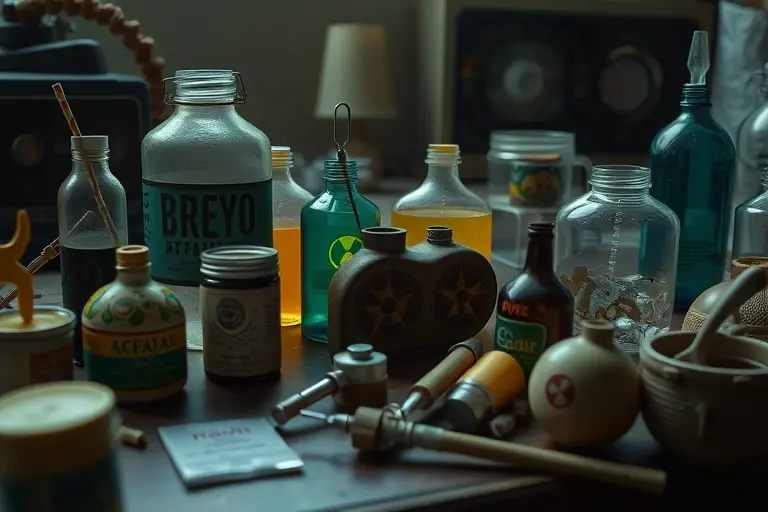 A collection of various everyday objects subtly showing signs of radioactivity, such as faint glowing particles, discoloration, or unusual textures. The objects should be arranged on a table or shelf, suggesting a discovery or collection. Focus on visual cues of radioactivity rather than explicit depictions of radiation.