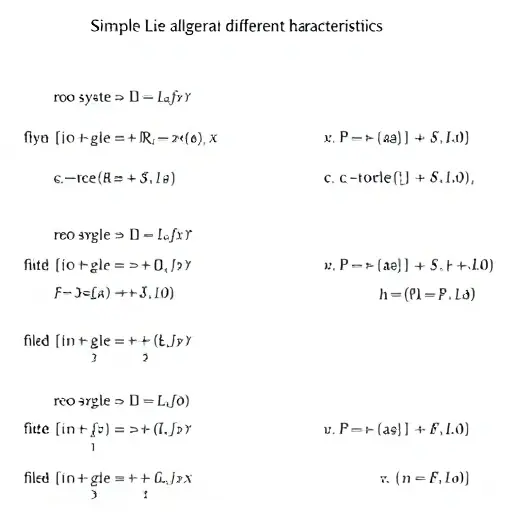 A abstract mathematical diagram representing simple Lie algebras over fields of different characteristics, with symbolic structures like root systems, Dynkin diagrams, and field annotations in geometric form, no text or numbers, clean and minimalistic