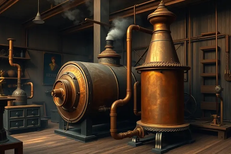 A detailed historical scene of the 18th-century steam engine developed by Ivan Polzunov, featuring a large copper boiler with a firebox, mechanical valves, and intricate brass piping, all rendered in a realistic industrial style with steam rising, wooden flooring, and dim ambient lighting typical of an 18th-century Russian workshop, no people, no text, no modern elements