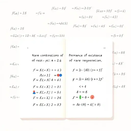 A minimalist mathematical illustration showing a lemmas page with a handwritten proof of existence of rare combinations, subtle background of equations, no text or numbers visible, soft pastel colors, abstract shapes representing rare combinations, clean lines, smallHQ style