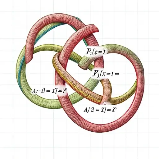 A detailed illustration of a complex knot diagram with colored strands, overlaid with symbolic representations of the Jones polynomial coefficients as algebraic expressions floating near crossings, set against a clean white background with subtle grid lines, emphasizing mathematical precision and topological structure