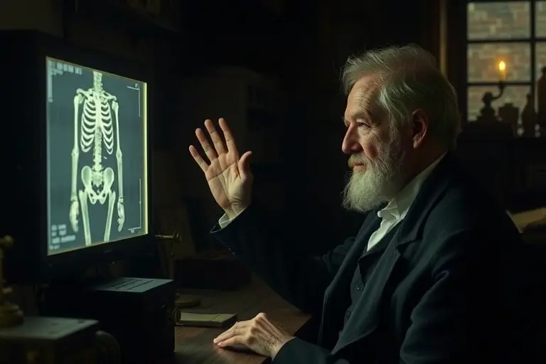 Wilhelm Conrad Röntgen in his laboratory, working with a cathode ray tube, observing a faint glow on a fluorescent screen, with a hand placed between the tube and the screen showing the bones, dim historical lighting, 19th-century scientific environment, no text, no labels