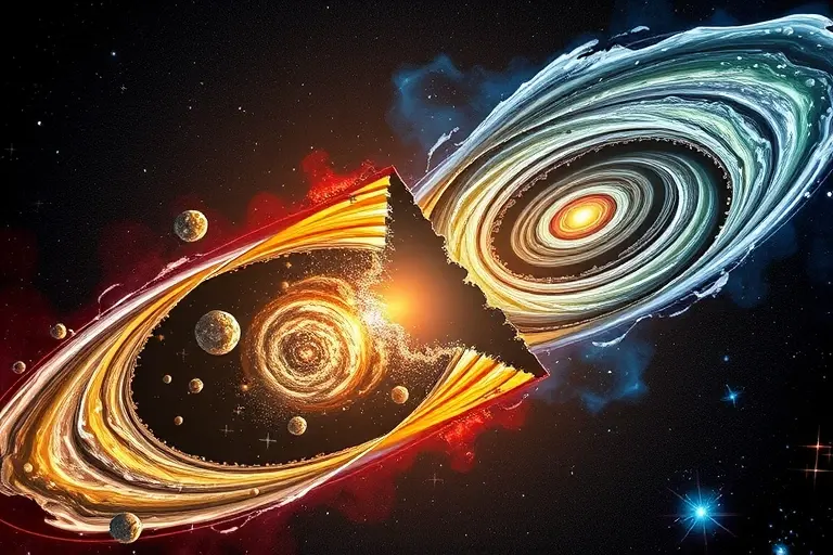A dramatic, high-resolution illustration of the fabric of space-time tearing apart, showing massive cosmic structures like galaxy clusters and dark matter filaments being pulled and ripped, with swirling gravitational waves emanating from the rupture, set against a deep star-filled universe background, emphasizing the awe-inspiring scale and mechanics of the cosmological phenomenon and its impact on gravity theories