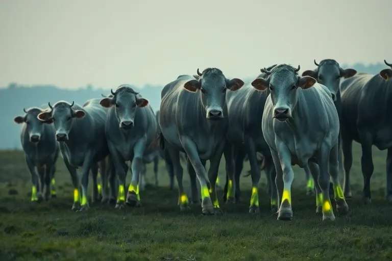 A herd of cows grazing in a field, with subtle glowing effects emanating from their udders and legs, suggesting a radioactive element. The cows should appear healthy and normal, but with an otherworldly, slightly unsettling aura. The background should be a serene, slightly hazy landscape.