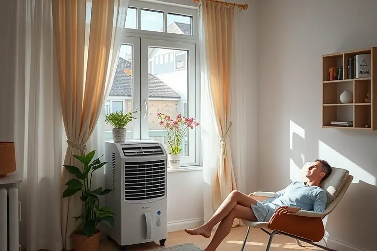 A modern apartment interior during a heatwave, with an evaporative cooler unit placed near a window, cool air gently circulating, curtains lightly moving, plants on the windowsill, and a person relaxing comfortably in a chair, no visible traditional air conditioner, soft natural lighting, serene atmosphere