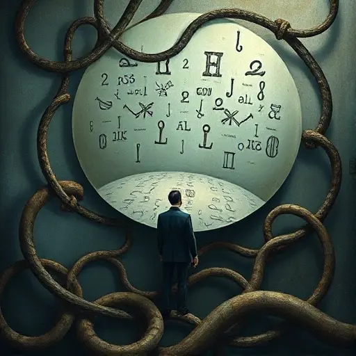 A surreal, abstract representation of self-reference in linguistics, featuring intertwined loops of language symbols and structures, with a central figure contemplating a mirror-like surface that reflects linguistic patterns. The image should evoke the complexity and paradox of self-referential systems.