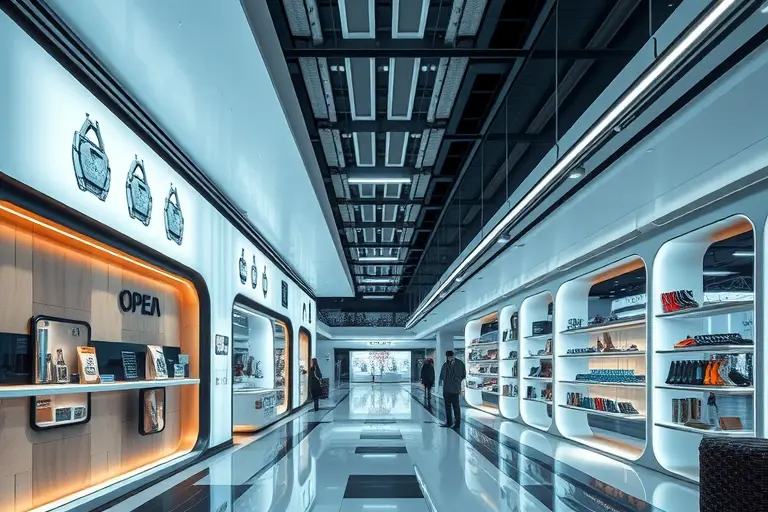 A futuristic shopping mall with glowing displays showcasing various products, some of which have subtle, otherworldly designs. The overall atmosphere is clean and modern, with a hint of scientific innovation. Focus on the products themselves, not the people.