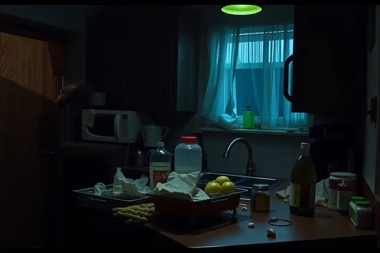A dimly lit apartment interior. Focus on a cluttered kitchen counter with various food items, some appearing subtly glowing or with an unnatural color. There are also containers with unknown contents. The overall atmosphere should be unsettling and suggestive of radioactive contamination.